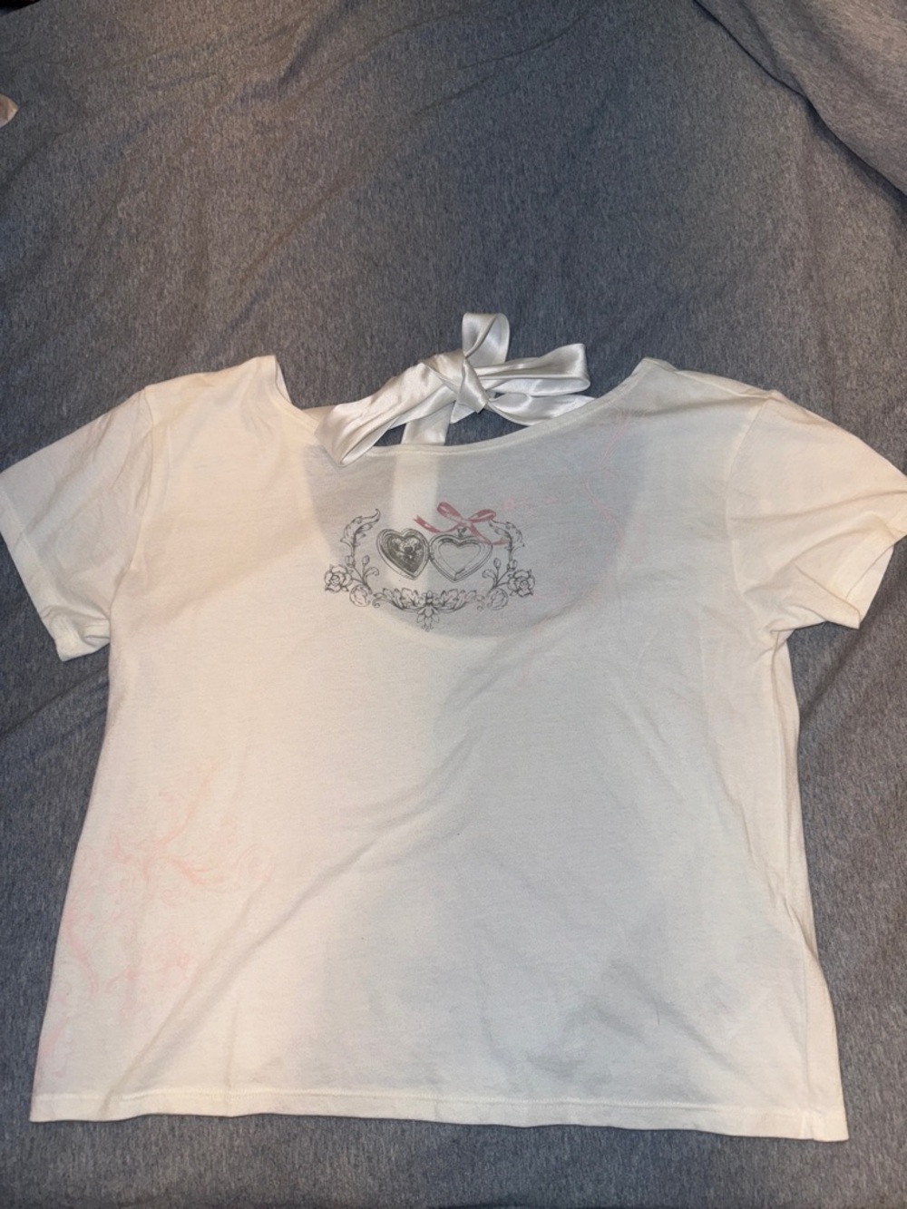 White Short-Sleeve Tee with Heart Motif and Satin Back Bow